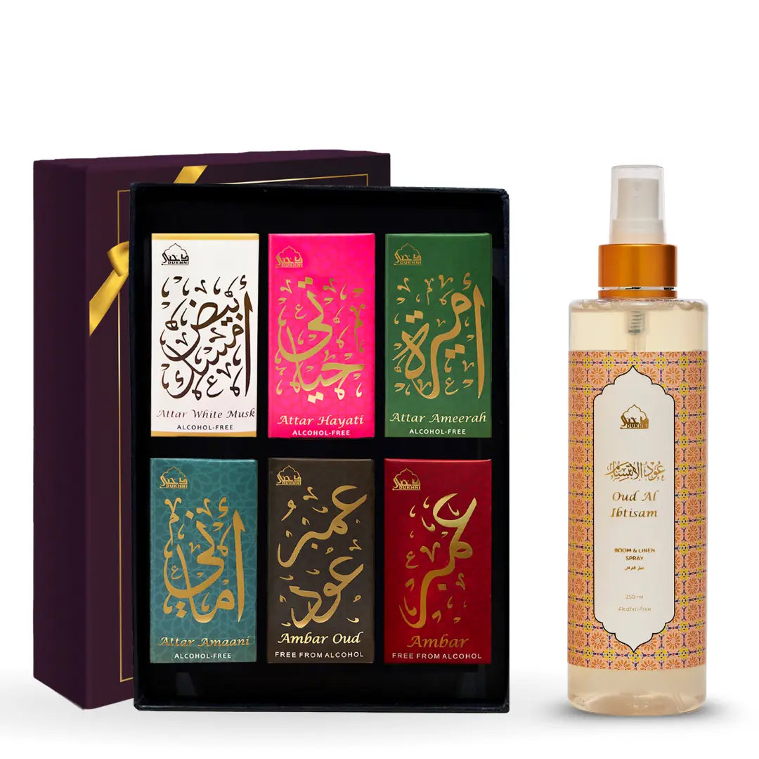Dukhni Luxury Attar Oil Set And Oud Al Ibtisam Room And Linen Spray Combo