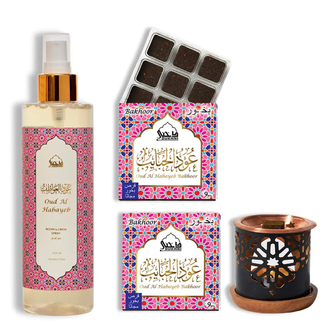 Dukhni Oud Al Habayeb Bakhoor And Room And Linen Spray Bakhoor And Mist Combo