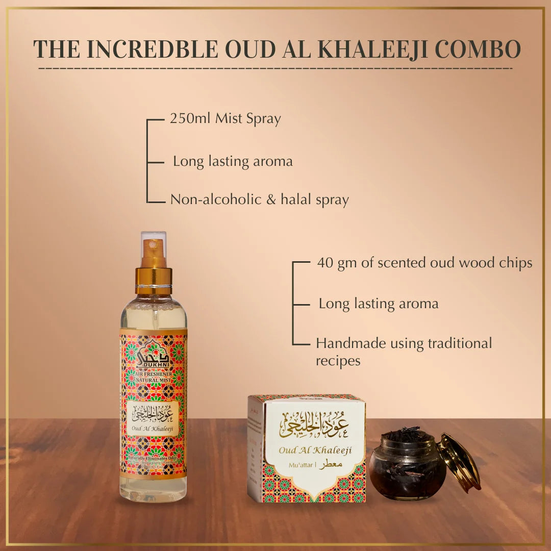 Get 40 Grams Khaleeji Muattar Bakhoor Scented Oud Woodchips Jar And 250ml Mist Spray In This Combo US