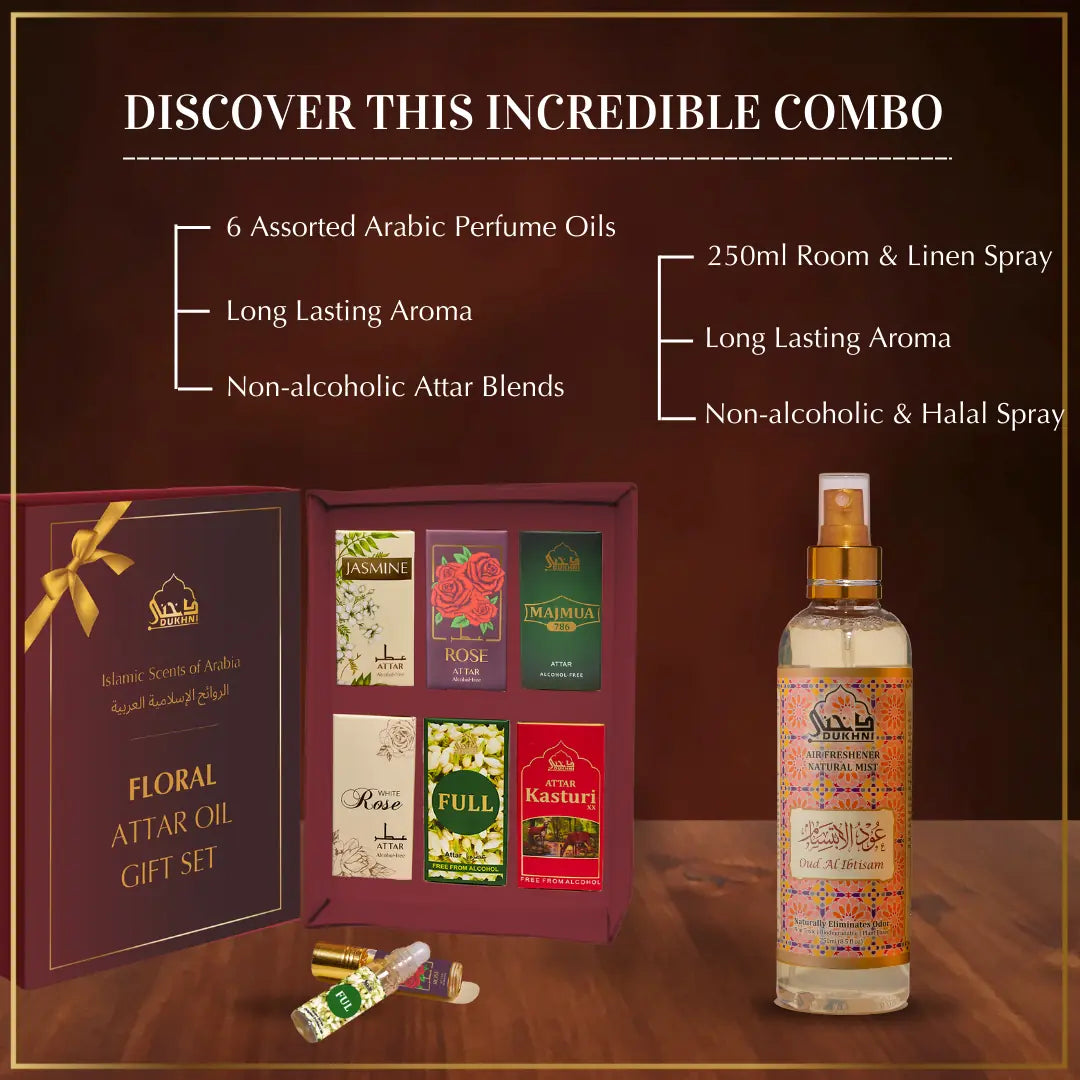 6 6ml Floral Non Alcoholic Arabic Roll On Perfume Oils And 250ml Oud Ibtisam Room Spray Natural Mist Air Freshner US