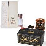 Dukhni Ma_amoul Bakhoor Variety Box With Smokeless Burner And Misk Rijali Attar Combo