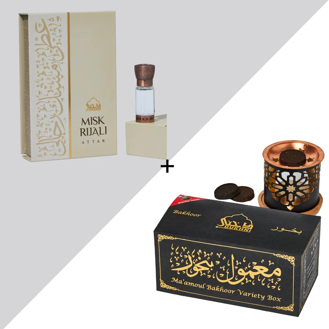 Dukhni Maamoul Bakhoor Variety Box With Burner And Misk Rijali Attar Oil Combo Eid Gift US