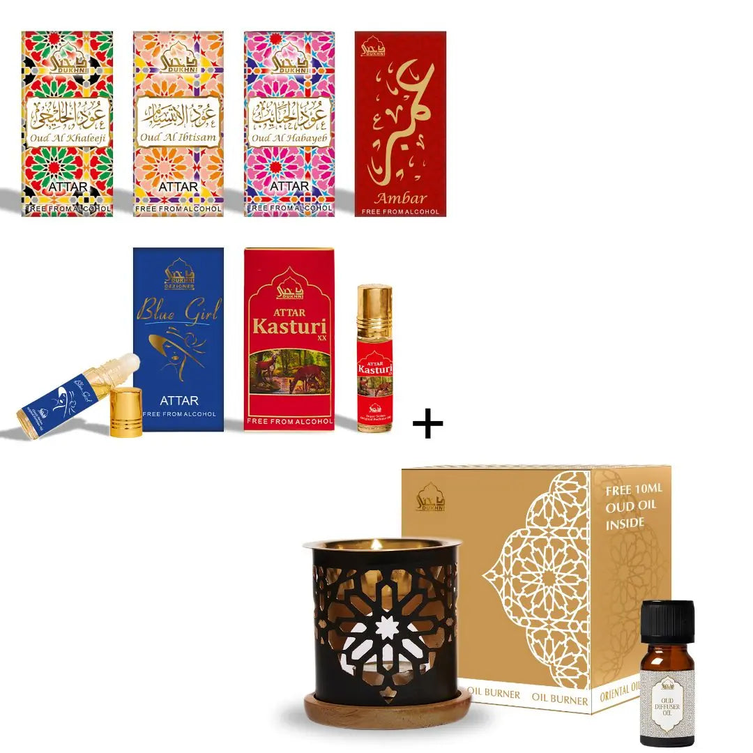 Dukhni Premiere Attar Oil Set And Oriental Diffuser Oil Burner Combo US