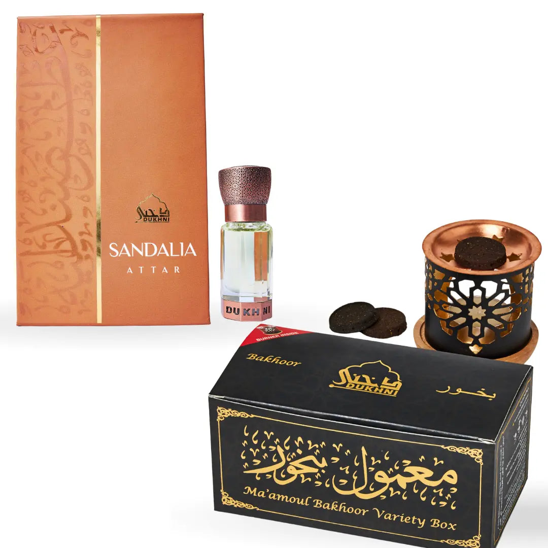 Dukhni Maamoul Bakhoor Variety Box With Burner And Sandalia Attar Oil Combo Eid Gift 