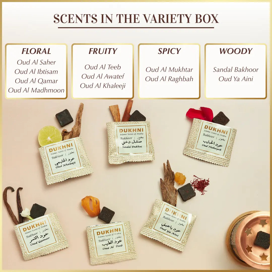 scents in the Oud bakhoor variety box starter kit