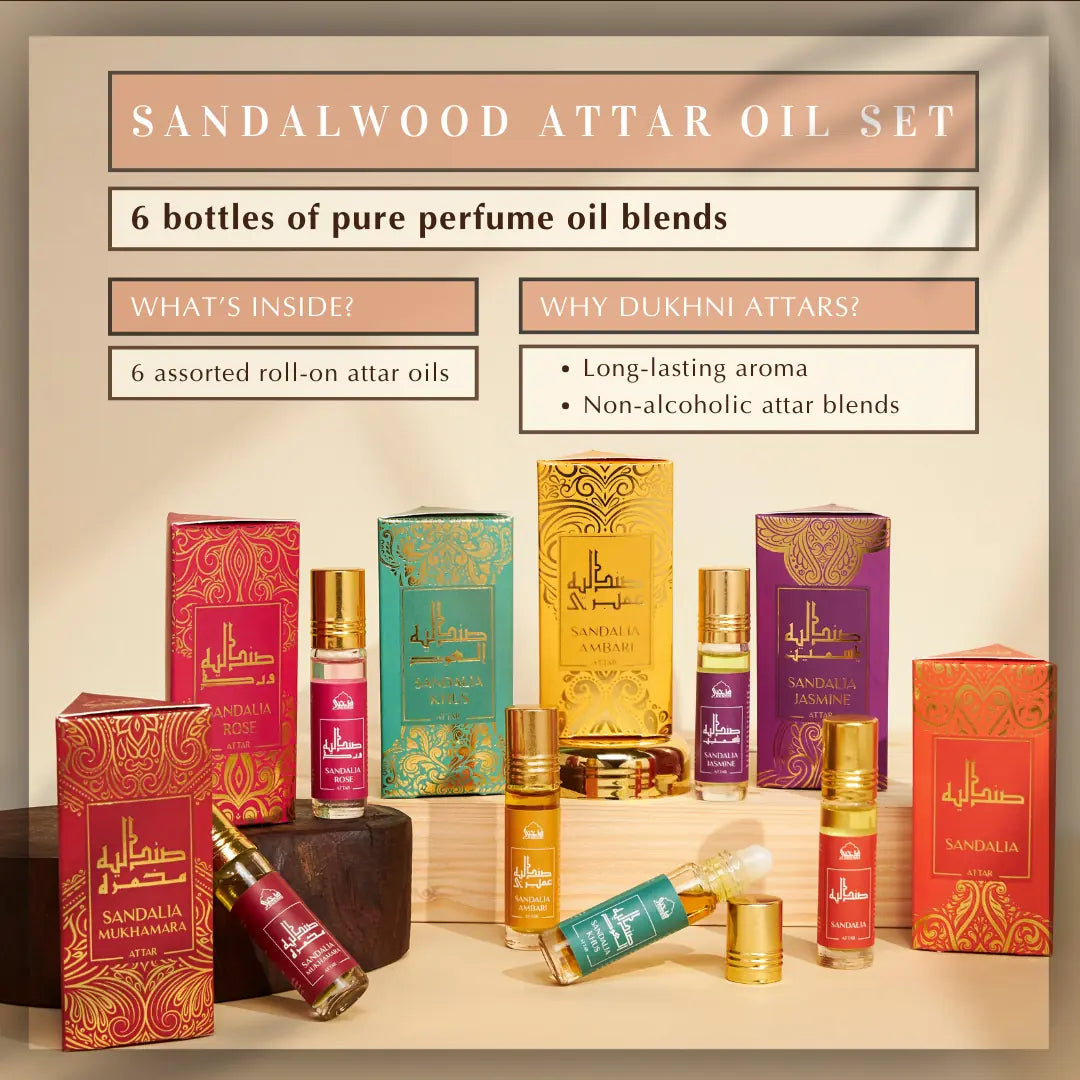 Dukhni Sandalwood Attar Oil Set And Sandal Bakhoor Combo UK
Sandalwood Attar Oil Set 6 Non Alcoholic Assorted Roll On Attar Oil Blends Long Lasting Aroma Lasts For 14 Hours UK
Sandalwood Attar Oil Set 6 Non Alcoholic Assorted Roll On Attar Oil Blends Long Lasting Aroma Lasts For 14 Hours US